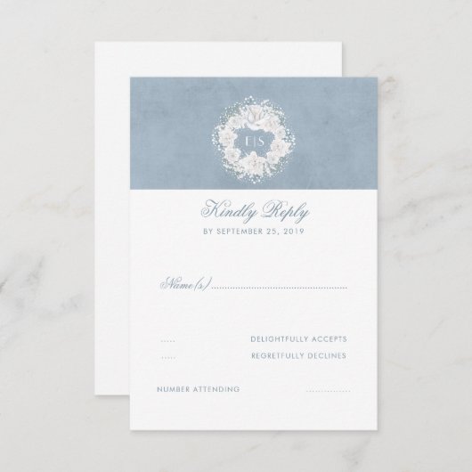 Dusty Blauw en Wit Bloemen Bruiloft RSVP (Voorkant / Achterkant)