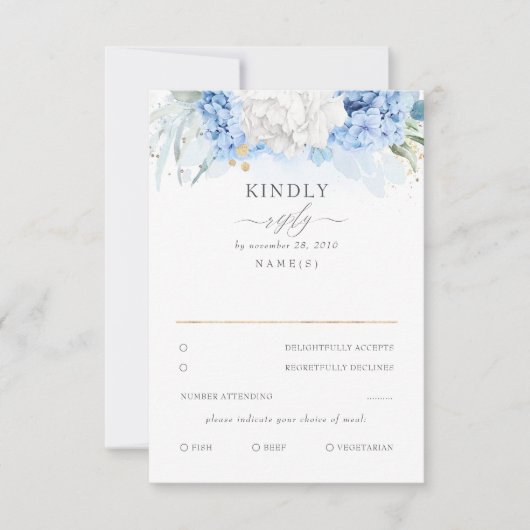 Dusty Blauw en Wit Bloemen Bruiloft RSVP Kaartje (Voorkant)