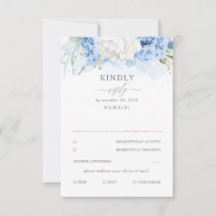 Dusty Blauw en Wit Bloemen Bruiloft RSVP Kaartje