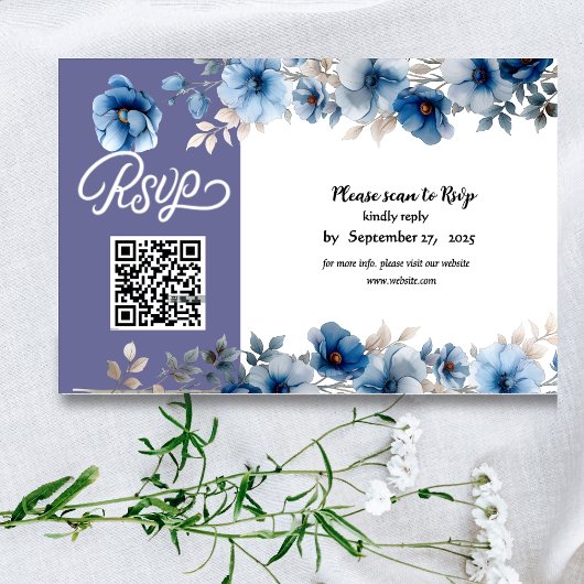Dusty Blauw en wit bloemen bruiloft RSVP Kaartje