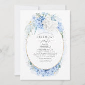 Dusty Blauw en Wit Bloemen Verjaardagsfeest Kaart (Voorkant)