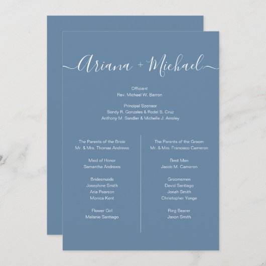 Dusty Blauw en Wit Eenvoudige bruids partij lijst Kaart (Voorkant / Achterkant)