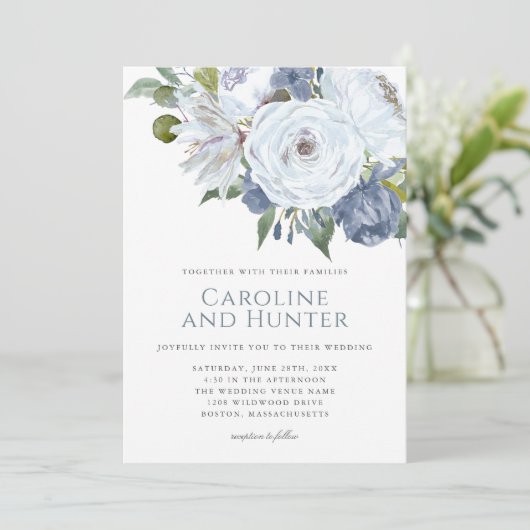 Dusty Blauw en Wit Waterverf Bloemenbruiloft Kaart (Staand voorkant)