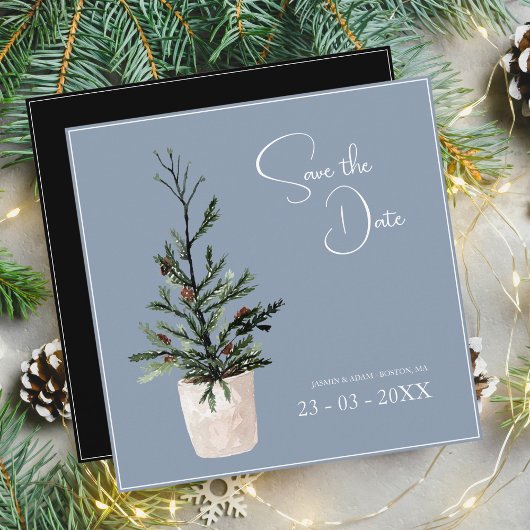 Dusty Blauw en Zwart Kerstboom Bruiloft Save The Date