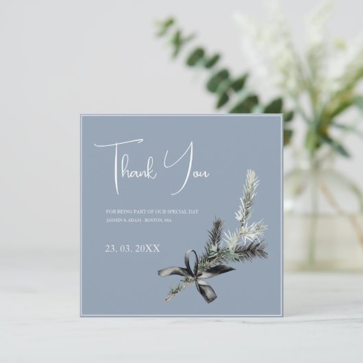 Dusty Blauw en Zwart Kerstmis Twig Bruiloft Bedankkaart (Staand voorkant)