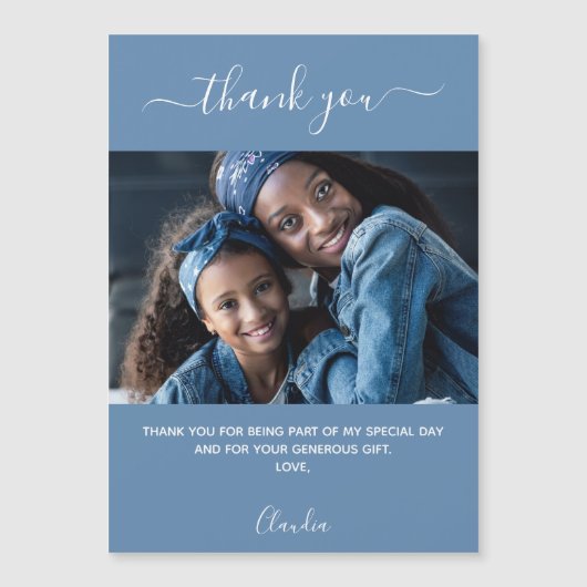 Dusty blauw fotoscript bedankt u magnet (Voorkant)