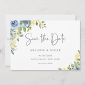 Dusty Blauw Geel Bloemen Foto Save the Date Aankondiging (Voorkant)