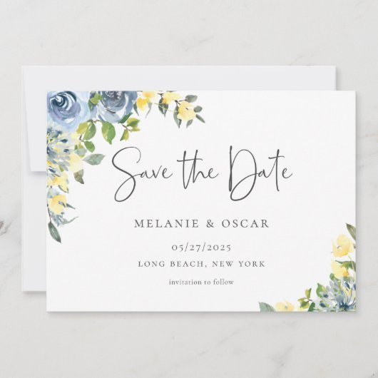 Dusty Blauw Geel Bloemen Foto Save the Date Aankondiging (Voorkant)