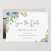 Dusty Blauw Geel Bloemen Foto Save the Date Aankondiging (Voorkant / Achterkant)