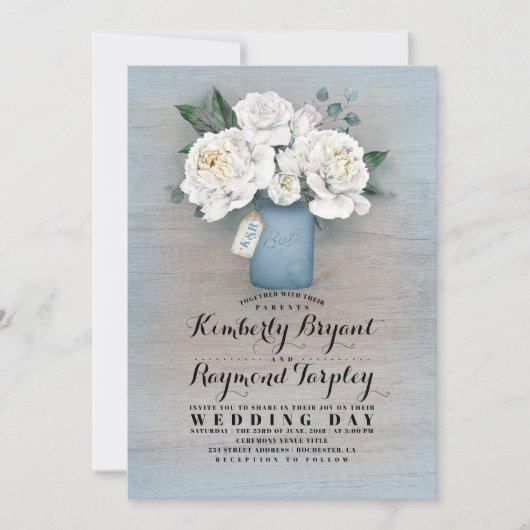 Dusty blauw geschilderd Mason Jar rustieke bloemen Kaart (Voorkant)