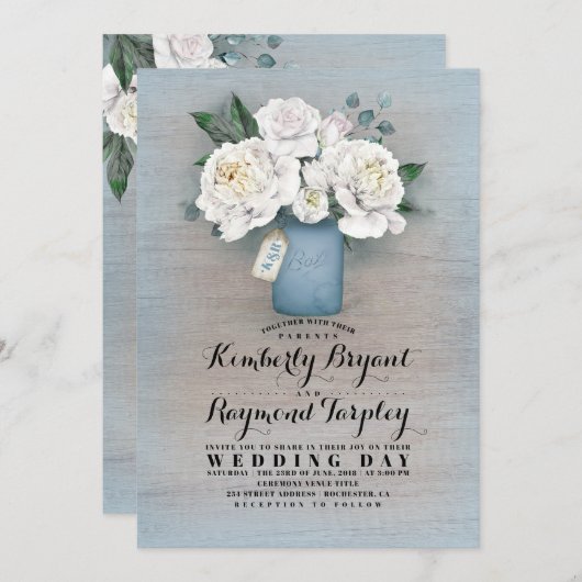 Dusty blauw geschilderd Mason Jar rustieke bloemen Kaart (Voorkant / Achterkant)