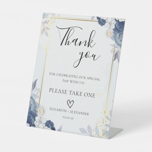 Dusty Blauw Goud Bloemen bruiloft gunsten Reclamebord Met Voetstuk (Voorkant)
