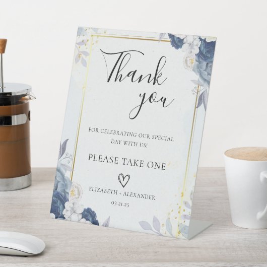 Dusty Blauw Goud Bloemen bruiloft gunsten Reclamebord Met Voetstuk (Insitu)