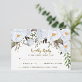 Dusty Blauw Goud  Bloemen Bruiloft RSVP Kaarten (Staand voorkant)