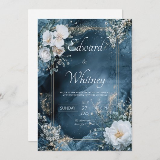 Dusty Blauw & Goud Bloemen Huwelijksuitnodiging Kaart (Voorkant / Achterkant)