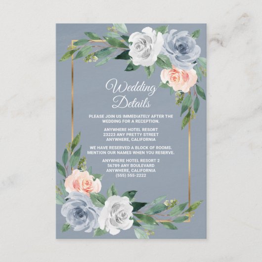 Dusty Blauw Goud Blush Roze Perzik Elegant Bruilof Informatiekaartje (Voorkant)