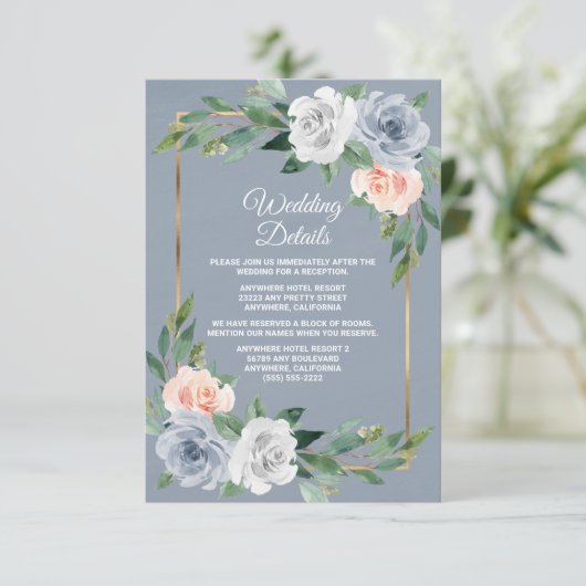 Dusty Blauw Goud Blush Roze Perzik Elegant Bruilof Informatiekaartje (Staand voorkant)