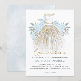 Dusty Blauw goud glitter Bloemen Jurk Quinceañera Kaart