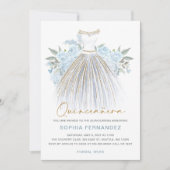 Dusty Blauw goud glitter Bloemen Jurk Quinceañera Kaart (Voorkant)