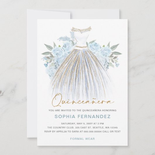 Dusty Blauw goud glitter Bloemen Jurk Quinceañera Kaart (Voorkant)