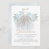 Dusty Blauw goud glitter Bloemen Jurk Quinceañera Kaart (Voorkant / Achterkant)