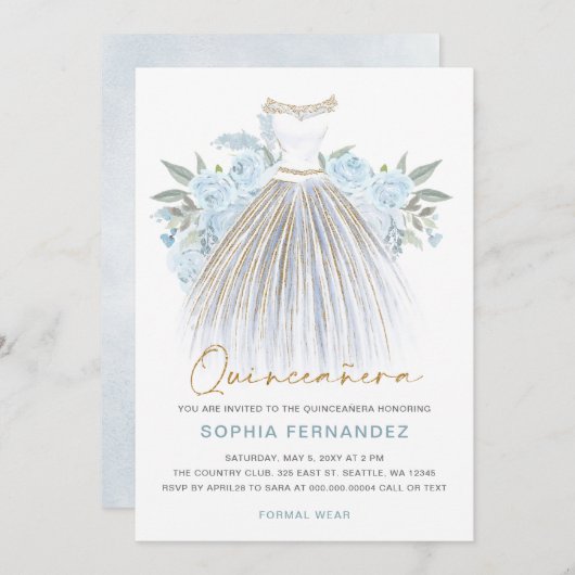 Dusty Blauw goud glitter Bloemen Jurk Quinceañera Kaart (Voorkant / Achterkant)