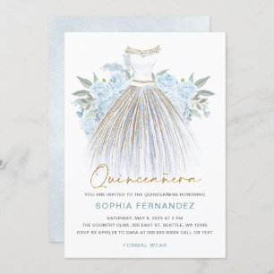 Dusty Blauw goud glitter Bloemen Jurk Quinceañera Kaart