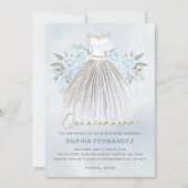 Dusty Blauw goud glitter Bloemen Jurk Quinceañera Kaart (Voorkant)
