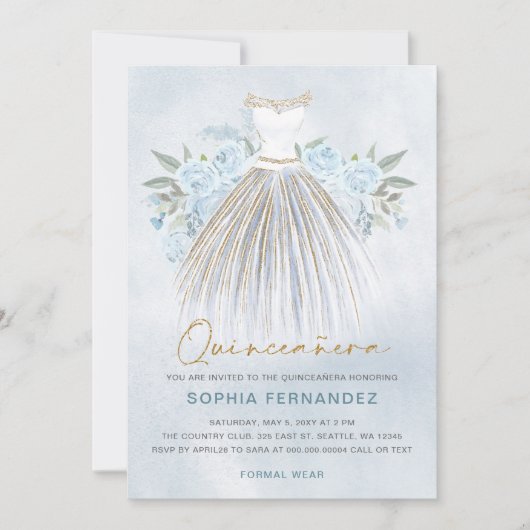 Dusty Blauw goud glitter Bloemen Jurk Quinceañera Kaart (Voorkant)