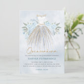 Dusty Blauw goud glitter Bloemen Jurk Quinceañera Kaart (Staand voorkant)