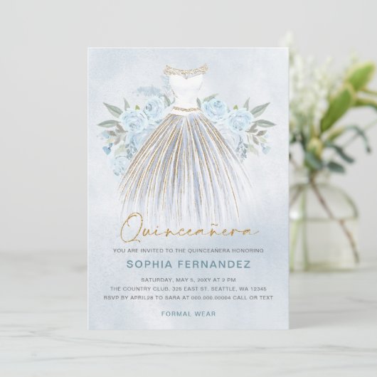 Dusty Blauw goud glitter Bloemen Jurk Quinceañera Kaart (Staand voorkant)