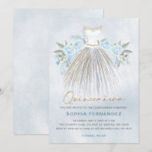 Dusty Blauw goud glitter Bloemen Jurk Quinceañera Kaart (Voorkant / Achterkant)