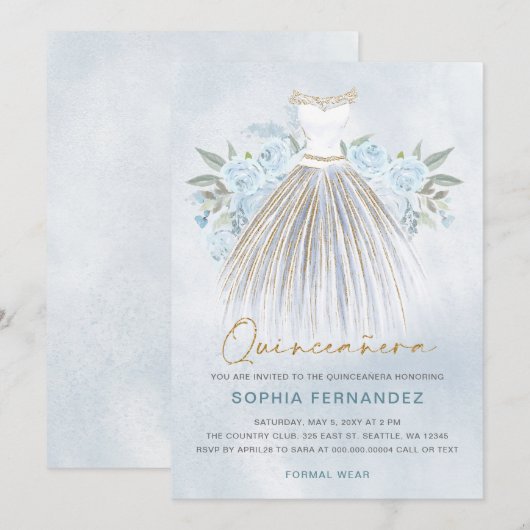 Dusty Blauw goud glitter Bloemen Jurk Quinceañera Kaart (Voorkant / Achterkant)