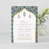 Dusty Blauw Goud Hangende Lantaarns Moslim Bruilof Kaart (Staand voorkant)