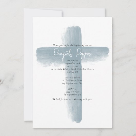 Dusty Blauw Grieks Orthodoxe doop jongen Kaart (Voorkant)
