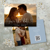 Dusty Blauw Hart Script Foto Bruiloft QR Code Save The Date