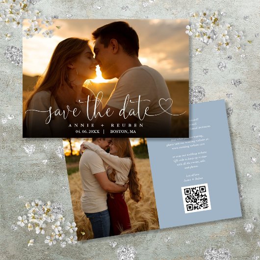 Dusty Blauw Hart Script Foto Bruiloft QR Code Save The Date