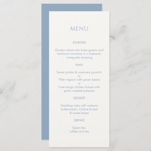 Dusty Blauw & Ivoor Monogrammed Bruiloft Menu (Voorkant / Achterkant)