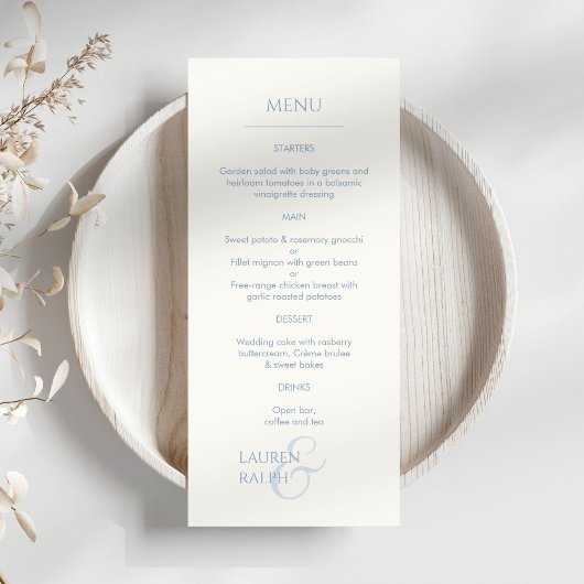 Dusty Blauw & Ivoor Monogrammed Bruiloft Menu