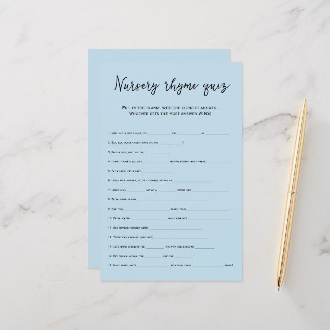 Dusty blauw kinderkamer rijmt quiz baby shower spe (Voorkant / Achterkant in situ)