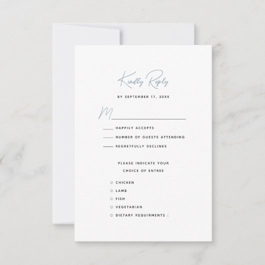 Dusty Blauw Modern Whimsical Script Bruiloft RSVP Kaartje (Voorkant)