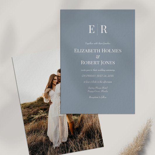 Dusty Blauw Monogram Aangepaste Foto Bruiloft Kaart