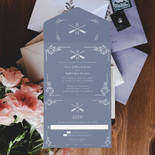 Dusty Blauw Monogram en Pijlen Bruiloft All In One Uitnodiging