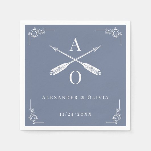 Dusty Blauw Monogram en Pijlen Bruiloft Servet (Voorkant)