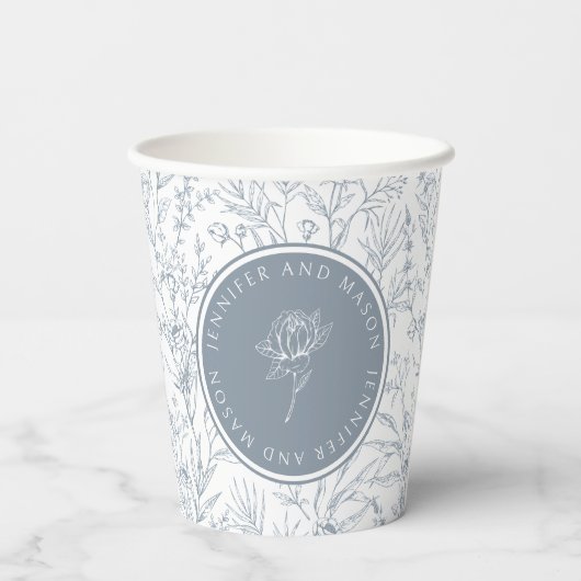 Dusty blauw roos monogram bruiloft papier bekers (Achterkant)