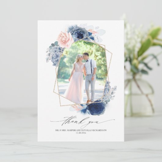 Dusty Blauw Roze Bloemen Bruiloft Dank u Foto Bedankkaart (Staand voorkant)