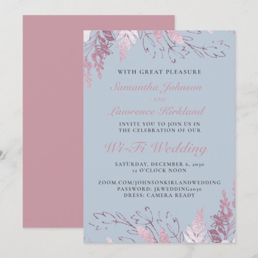 Dusty Blauw Roze Bloemen Virtuele Bruiloft Kaart (Voorkant / Achterkant)