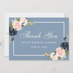 Dusty Blauw Roze Blush Bloemen Bruiloft Bedankkaart