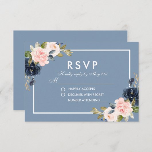 Dusty Blauw Roze Blush Bloemen Bruiloft RSVP (Voorkant / Achterkant)