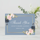 Dusty Blauw Roze Blush Bloemen Goud Bruiloft Bedankkaart (Staand voorkant)